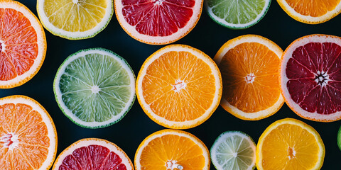 Colorful citrus fruits from above: slices of orange, lemon, grapefruit, and lime arranged on a dark background. The bright colors of the citrus create a contrasting and refreshing pattern.
