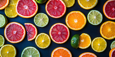 Colorful citrus fruits from above: slices of orange, lemon, grapefruit, and lime arranged on a dark background. The bright colors of the citrus create a contrasting and refreshing pattern.
