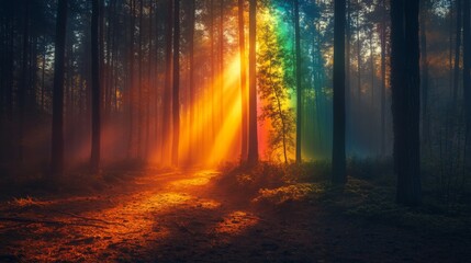 Obraz premium A Rainbow of Light Illuminates a Foggy Forest Path