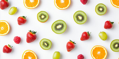 Fresh colorful fruits neatly arranged on a white background from above. Bright apples, oranges, kiwis, strawberries, and grapes create a contrasting pattern on the surface.