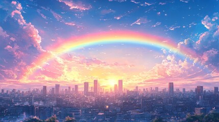 Cityscape with Rainbow and Sunset Clouds