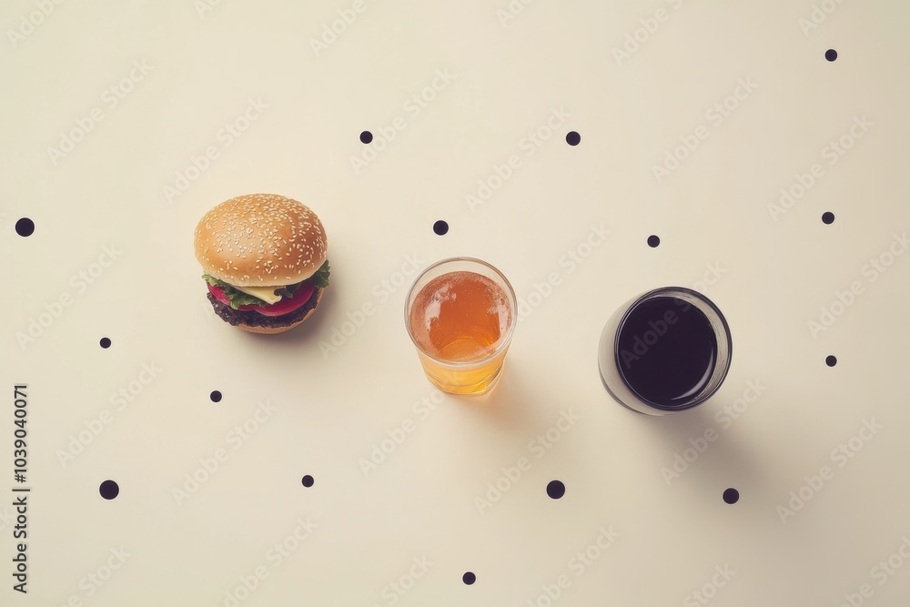 Poster a burger sits alongside two contrasting drinks on a simple background, highlighting a casual dining 