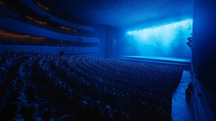 Naklejka premium A large audience of people in the cinema hall, watching an event on stage