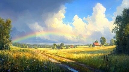 Obraz premium Rural Landscape with Rainbow, Dirt Road, and Farmhouse