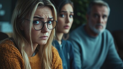 Obraz premium Concerned group discussion with focused young woman in glasses