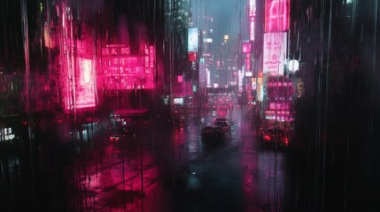 Fototapeta premium Neon-Lit Cityscape Viewed Through Rain-Streaked Window