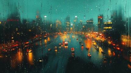 Fototapeta premium Rain-Streaked Window View of a Cityscape at Night