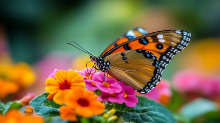 Fototapeta premium A macro of a butterfly resting on a vibrant flower