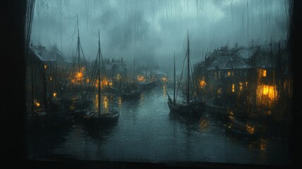 A Rain-Streaked Window View of a Foggy Harbor Town at Night