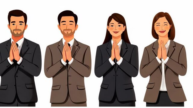 Four businesspeople are bowing in a professional setting