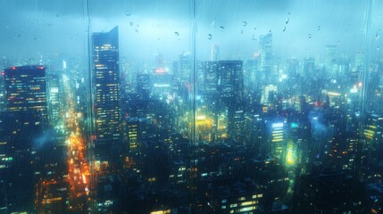 Fototapeta premium Nighttime cityscape viewed through a rain-streaked window