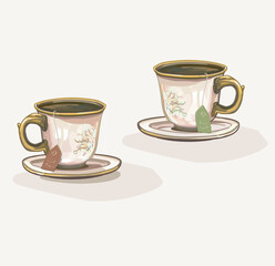 ceramic set two cups afternoon british tea time party  with biscuits classical pottery tableware container illustration on white background