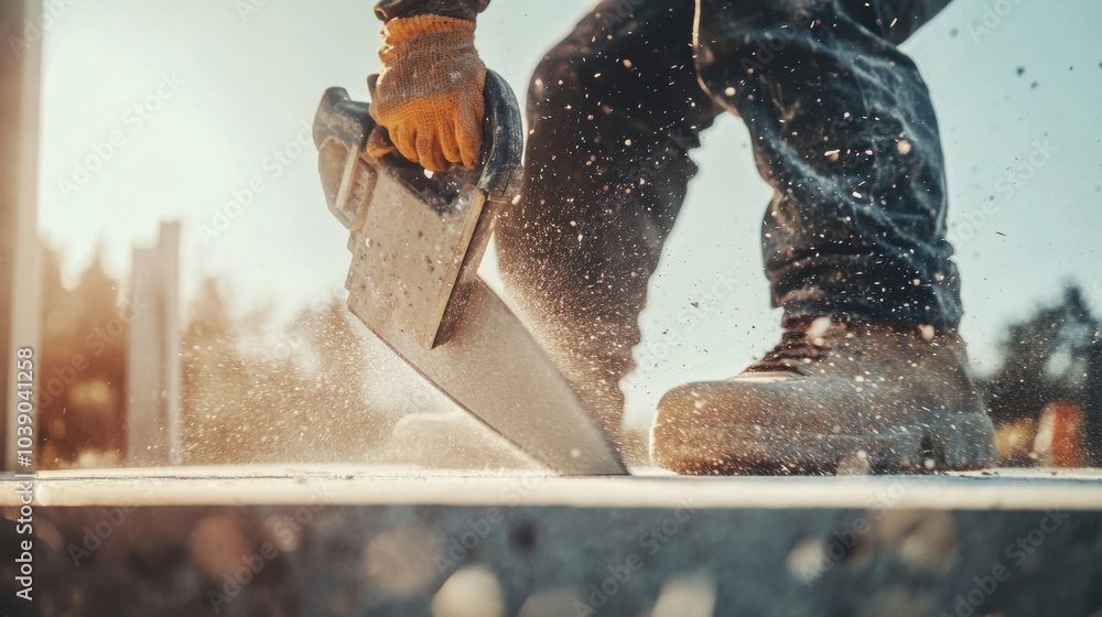 Poster a detailed close-up of a construction worker using a concrete grinder to smooth out newly poured flo