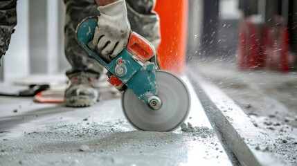 A detailed close-up of a construction worker using a concrete saw to cut precise openings in a building slab for window installation, Concrete cutting scene, Precision construction style