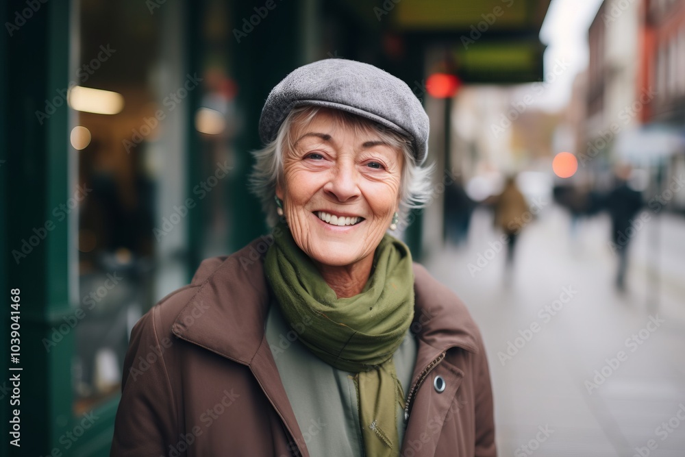 Poster Portrait of smiling senior woman in cap and coat walking in city