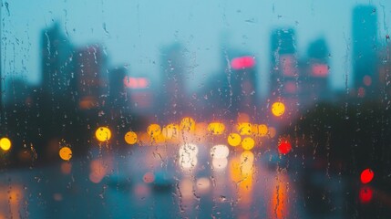 Rain-streaked Window with Blurred City Lights