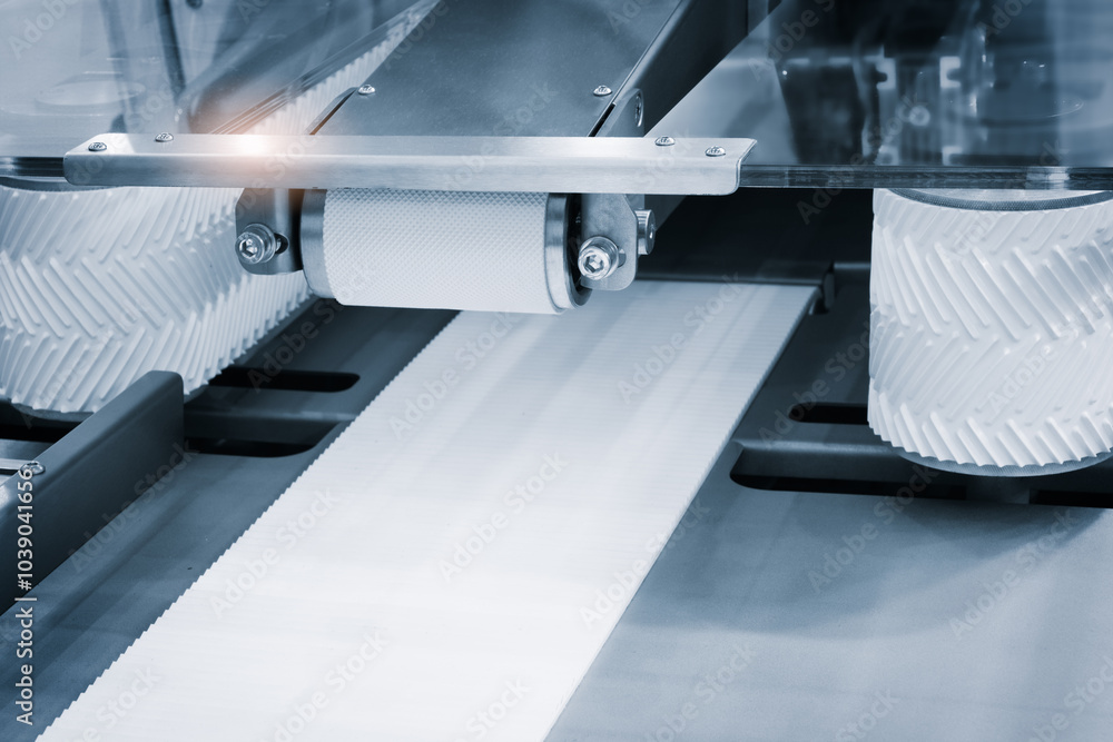 Poster a conveyor belt is transporting a white roll of paper. the belt is moving the paper along its length