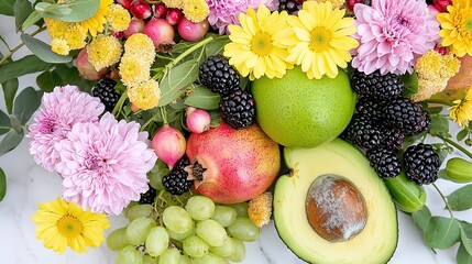   A variety of fruits and flowers on a white marble counter include green apples, blackberries, raspberries, and avocados