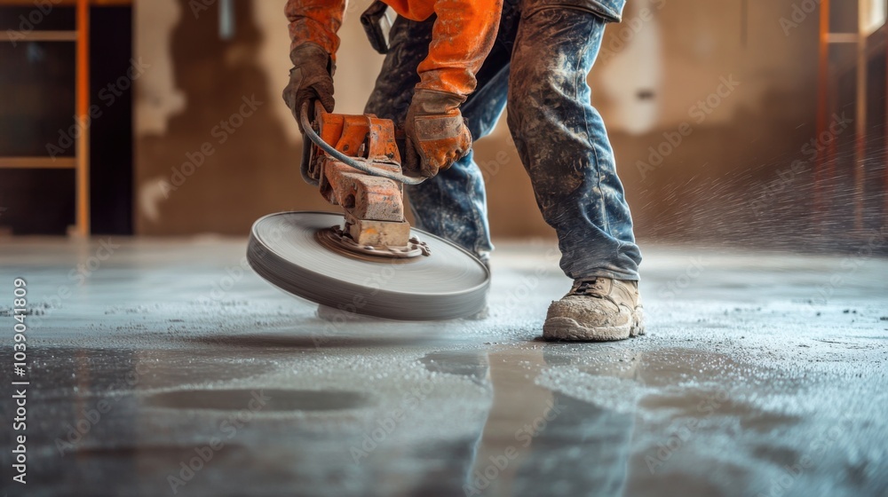 Poster a detailed close-up of a construction worker using a concrete saw to cut through reinforced concrete