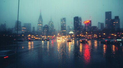 Fototapeta premium Cityscape View Through Rainy Window