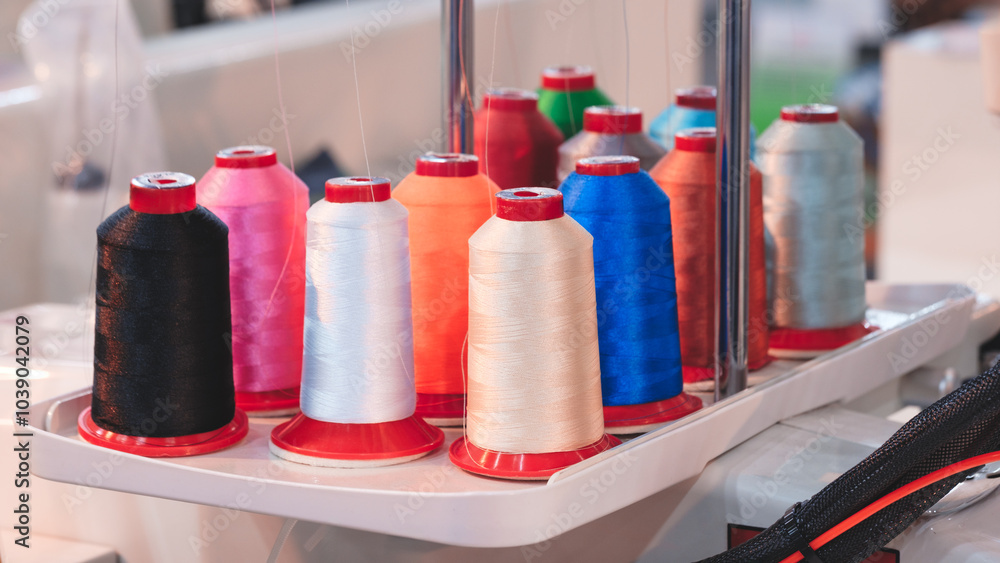 Aufkleber a white tray with a bunch of colorful spools of thread. the spools are of different colors and sizes