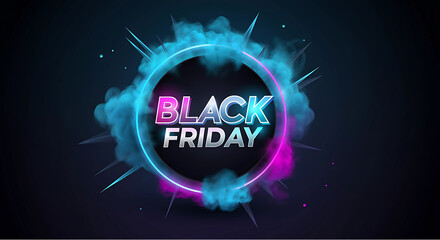 Vibrant Black Friday design with neon lights and smoky effects, highlighting massive sale promotions, generative ai