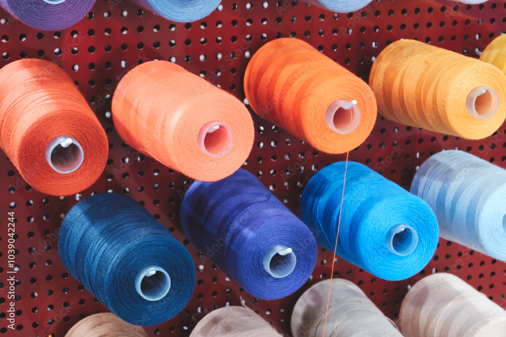 Poster a row of colorful spools of thread hanging on a red wall. the spools are of different colors and siz