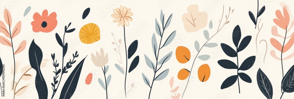 Poster Whimsical doodles showcase various leaves and flowers in a minimalist style, creating a calming and peaceful atmosphere. Generative AI