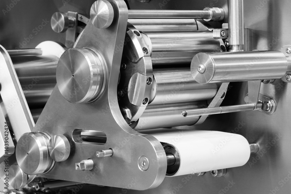 Aufkleber a machine with a silver and white color. the machine is made of metal and has a white color