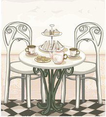 afternoon british tea time party biscuits cookies sandwich finger trier serving illustration table with chairs old style