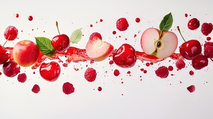   Half-sliced cherries with water droplets fall from the sky