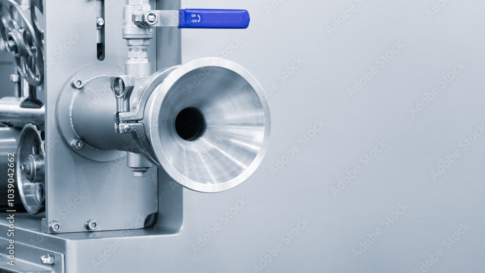 Poster A machine with a large blue ball on top of it. The machine is silver and has a large hole in the middle