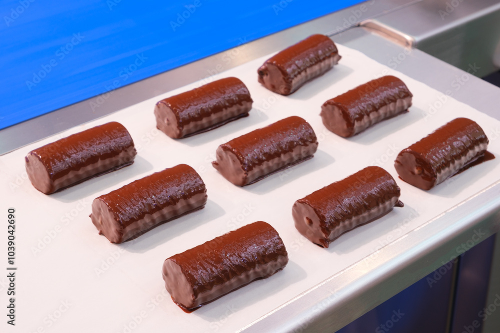 Aufkleber A tray of chocolate covered doughnuts are lined up on a counter. The doughnuts are all different sizes and shapes, but they all have a chocolate coating. Concept of indulgence and temptation