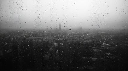 Obraz premium Rain-Streaked Window View of a Cityscape with a Towering Structure