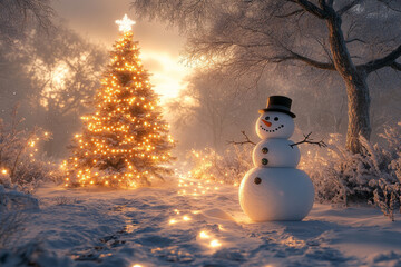 Fototapeta premium cheerful snowman stands beside beautifully lit Christmas tree in snowy landscape, creating magical winter scene filled with warmth and joy