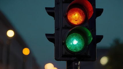 traffic light with red and green sign lighted