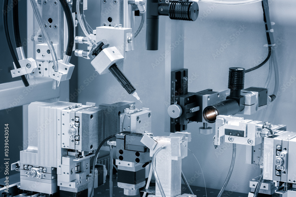 Poster a machine with a lot of wires and tubes is in the middle of a room. the machine is surrounded by oth