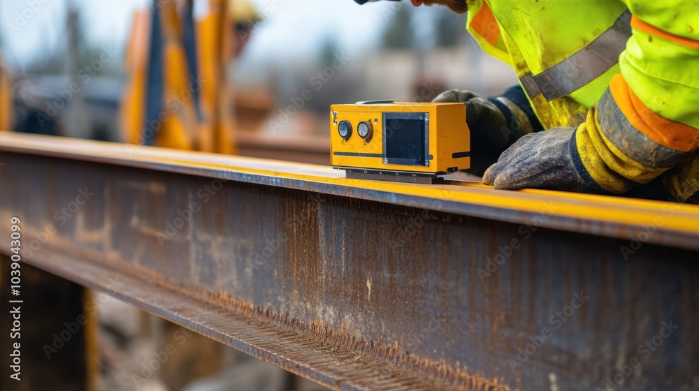 Poster a detailed close-up of a construction worker using a laser level to measure ground elevation at a bu