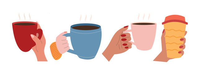 Coffee cups in hands set. Flat vector set of morning hot drinks in hands