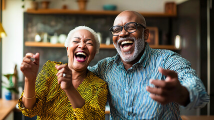 Happy senior black couple dancing and laughing at home