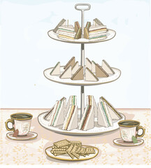 afternoon british tea time party biscuits cookies sandwich finger trier serving illustration table old style