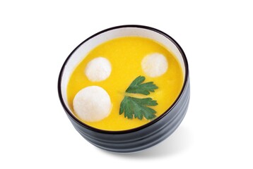 Pumpkin porridge, Hobakjuk in a bowl with rice balls on a white isolated background