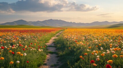 A Dirt Path Winding Through a Vibrant Field of Wildflowers Under a Cloudy Sky