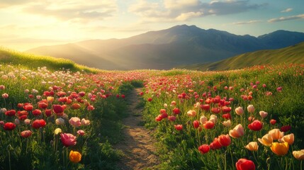 Sunlit Path Through a Field of Colorful Tulips with Mountain Background