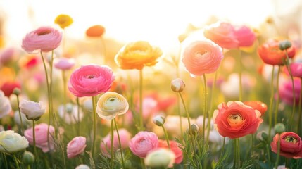 Fototapeta premium A Field of Colorful Ranunculus Flowers in the Sunlight