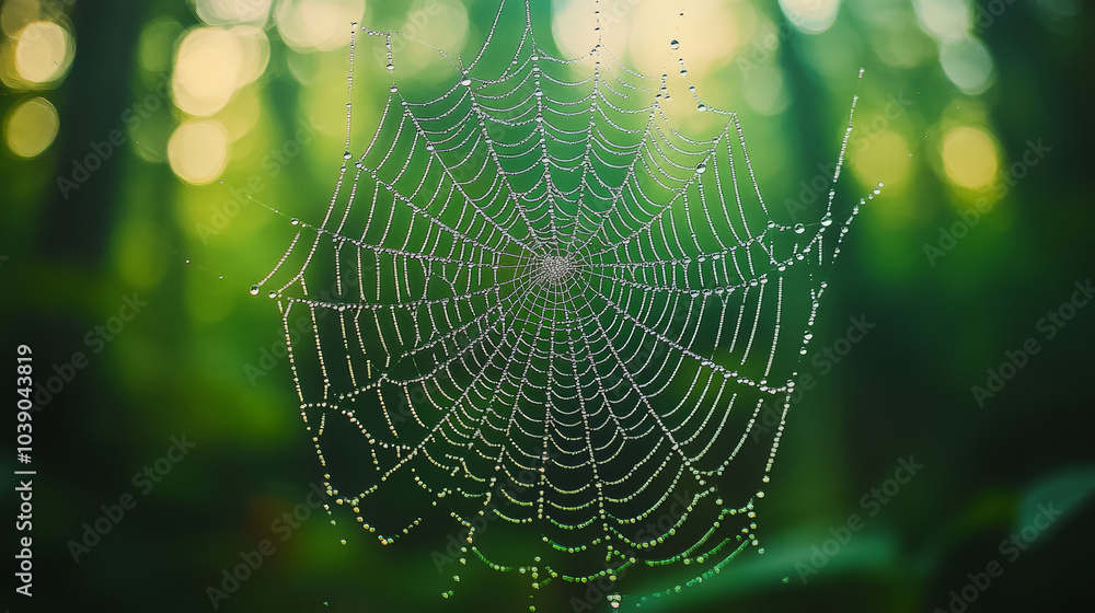 Wall mural a macro shot of a spider web covered in morning dew, each droplet glistening like tiny beads