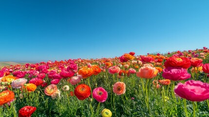 Fototapeta premium Vibrant Ranunculus Flowers Blooming in a Field with Blue Sky