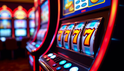 Engaging close-up view of a slot machine showing colorful graphics and bright lights, capturing the excitement and allure of casino gaming with the lucky number seven prominently displayed.