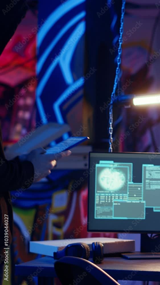 Poster vertical video hacker arriving with tablet in hidden base, deploying viruses on unaware victims comp