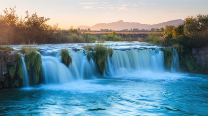Fototapeta premium River with small rapids flowing toward waterfall at sunrise or sunset